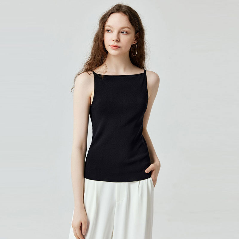 Basic Black Color Square Neck Cami Open Back Knit Top