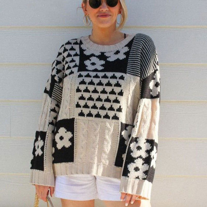 Black and Cream Floral Patchwork Wide Sleeve Fisherman Cable Knit Sweater