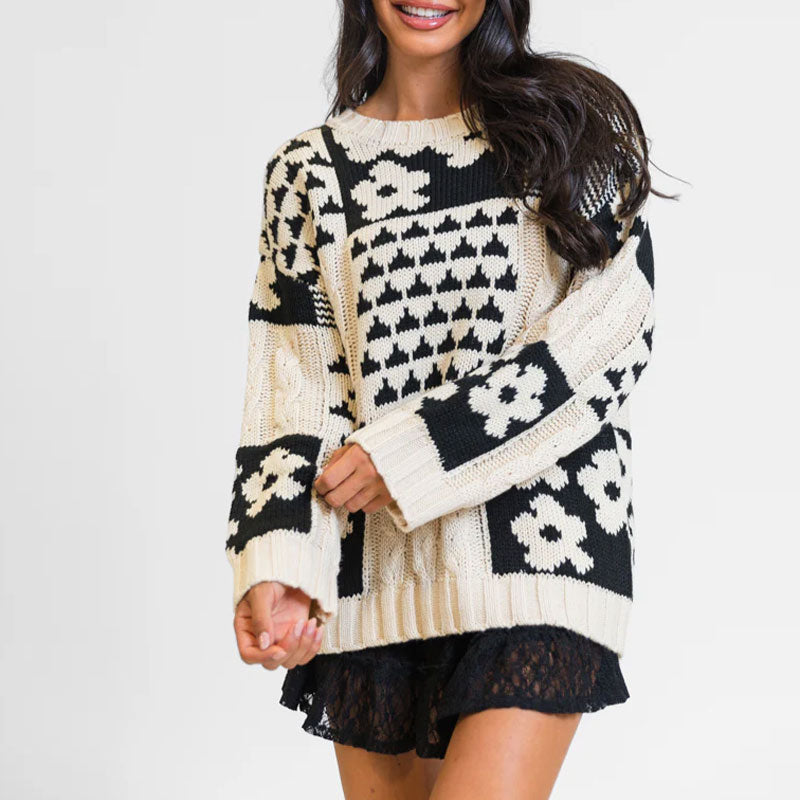 Black and Cream Floral Patchwork Wide Sleeve Fisherman Cable Knit Sweater