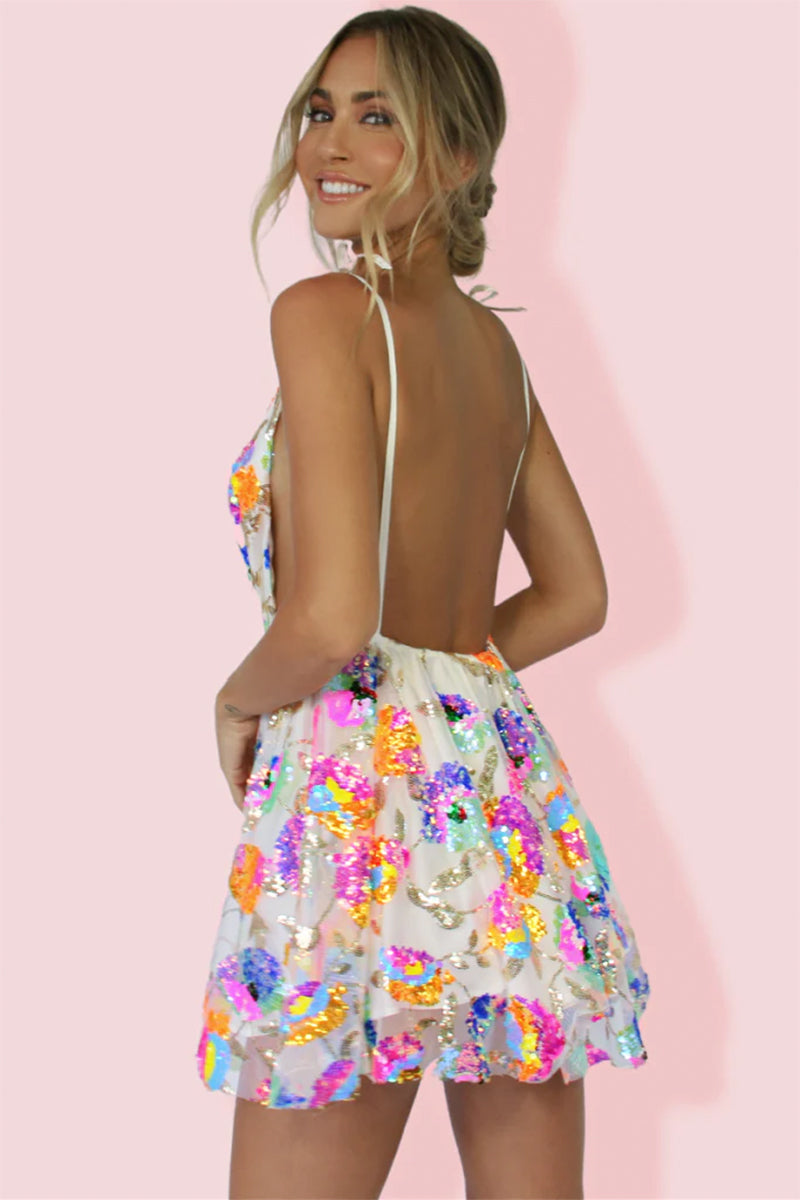 Blissful Goddess Sequin Backless Mini Dress