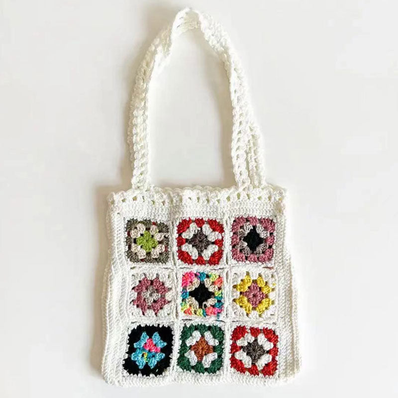 Bohemian Floral Granny Square Handmade Crochet Knit Shoulder Bag