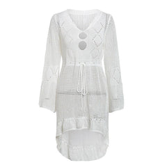 Boho Bell Sleeve Pointelle Crochet Open Knit White Cover Up Tunic