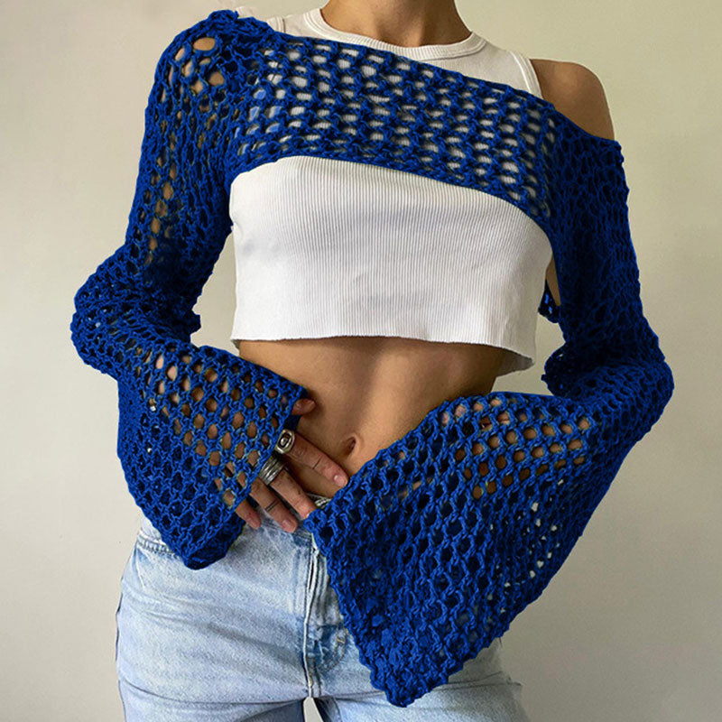 Boho Boat Neck Bell Sleeve Cutout Crochet Knit Super Crop Shrug Sweater