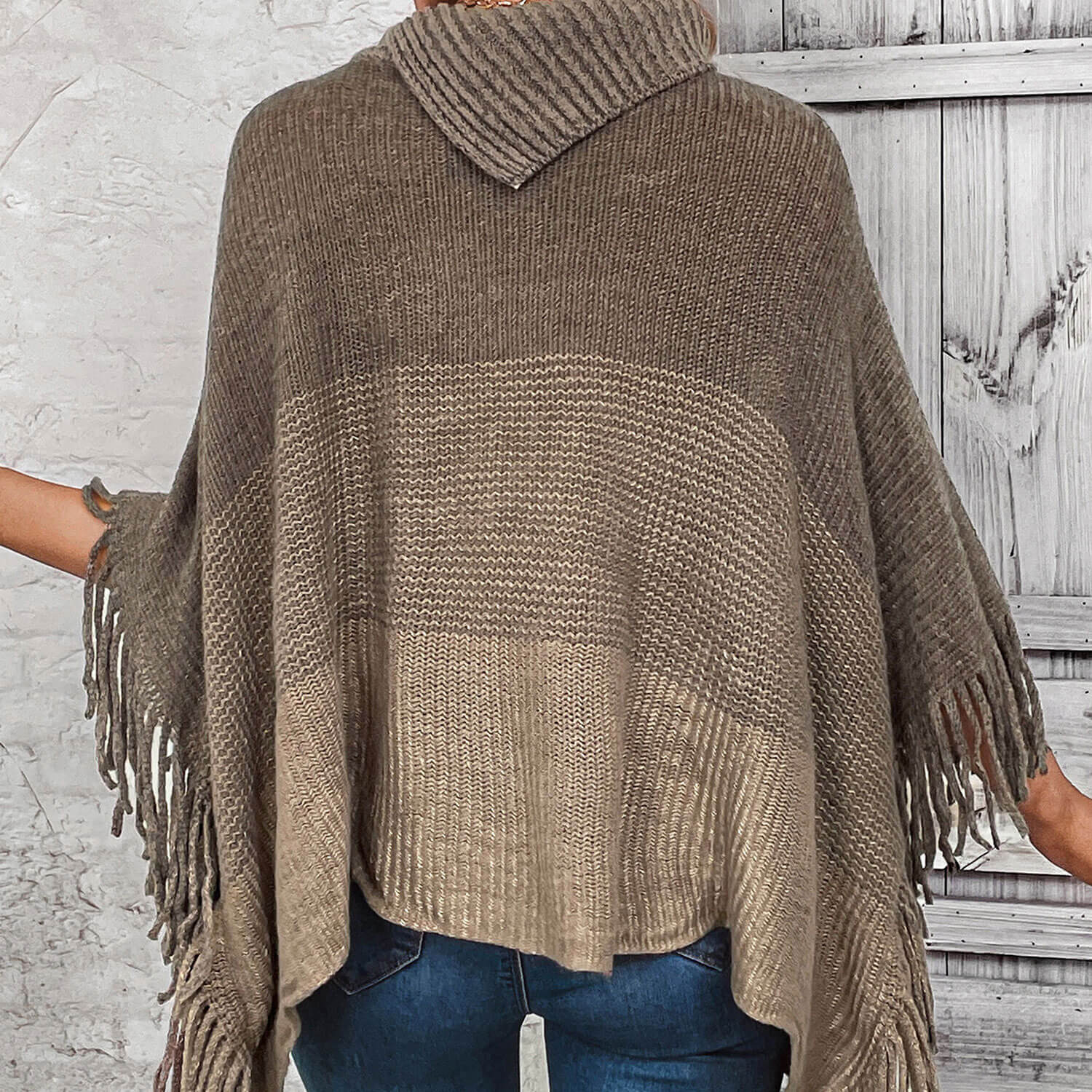 Boho Chic Button Trim Split Turtleneck Color Panel Fringe Oversized Knit Cape Sweater