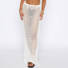 Boho Chic Low Rise Tie Side Split Summer Openwork Crochet Knit Maxi Skirt