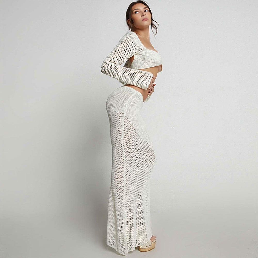 Boho White Crochet Knit Bell Sleeve Crop Top and Maxi Skirt Matching Set