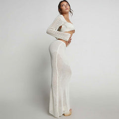 Boho White Crochet Knit Bell Sleeve Crop Top and Maxi Skirt Matching Set