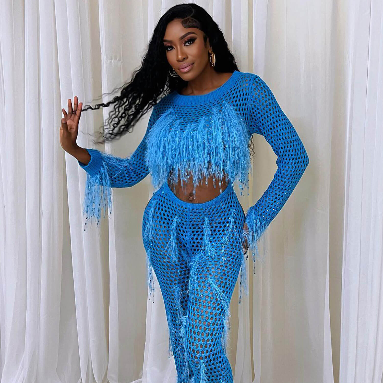 Boho Fringe Long Sleeve Cutout Button Up Sheer Crochet Open Knit Jumpsuit