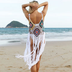 Boho White Long Fringe Shoulder Tie V Neck Granny Square Crochet Knit Cover Up