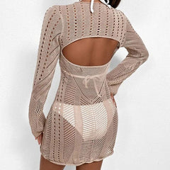 Boho Long Sleeve Pointelle Crochet Open Knit Khaki Cover Up