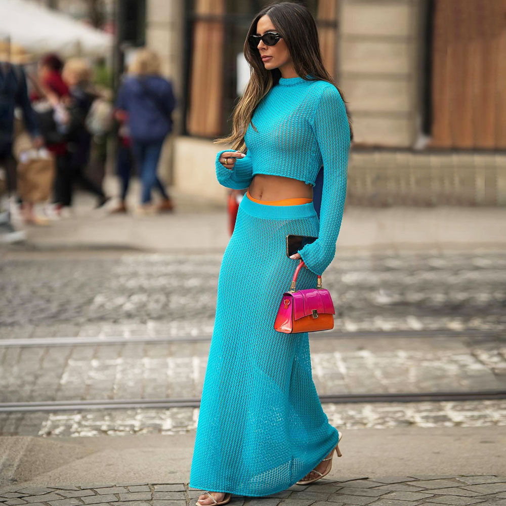 Boho Blue Pointelle Knit Long Sleeve Crop Top and Maxi Skirt Matching Set