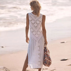 Boho Scalloped Trim Sleeveless Pointelle Crochet Knit White Cover Up Dress