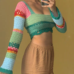 Boho Square Neck Rainbow Striped Crochet Open Knit Cropped Top