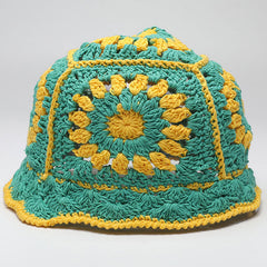 Boho Style Bloom Floral Hand Made Knit Crochet Granny Square Bucket Hat