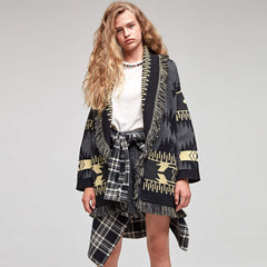 Boho Wool Jacquard Knit Fringe Shawl Lapel Tie Front Black Long Cardigan