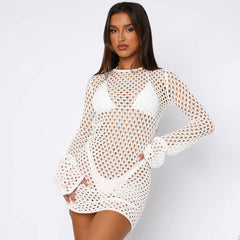 Breezy Crew Neck Cutout Back Bell Sleeve Openwork Crochet Knit Mini Dress