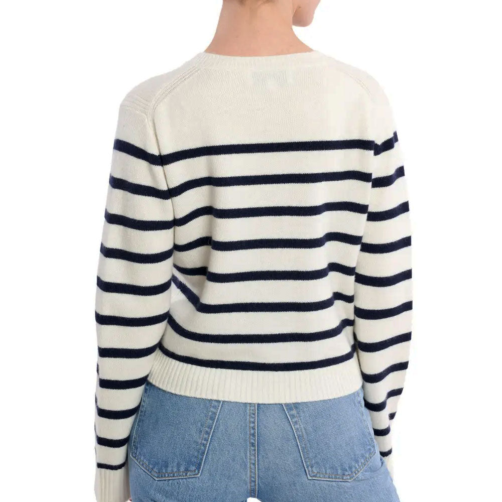 Breton Style Crew Neck Wool Blend Half Button White Striped Sweater