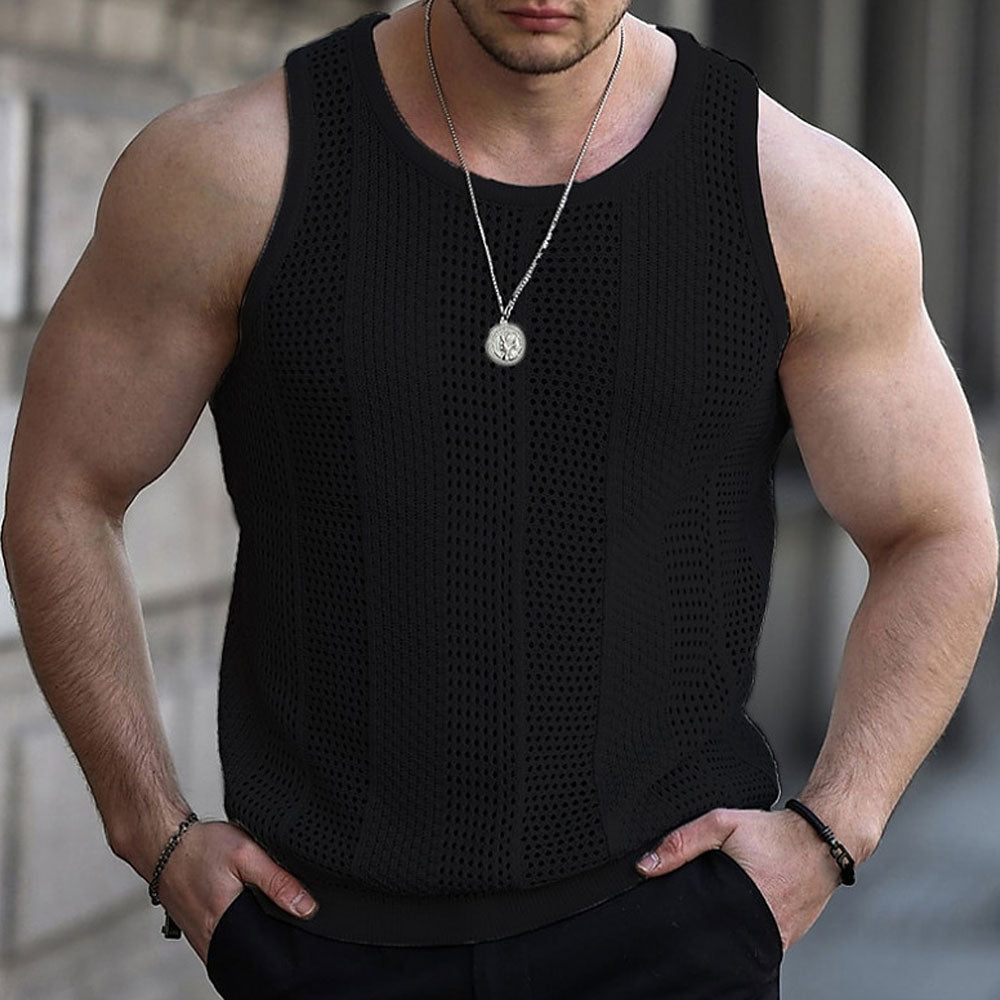 Casual Breathable Sheer Pointelle Knit Crew Neck Men Summer Sweater Vest