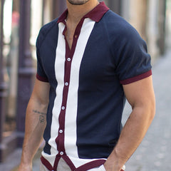 Casual Color Block Stripe Short Sleeve Collared Men Button Up Knit Shirt