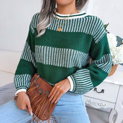 Casual Crew Neck Long Sleeve Textured Knit Striped Sweater