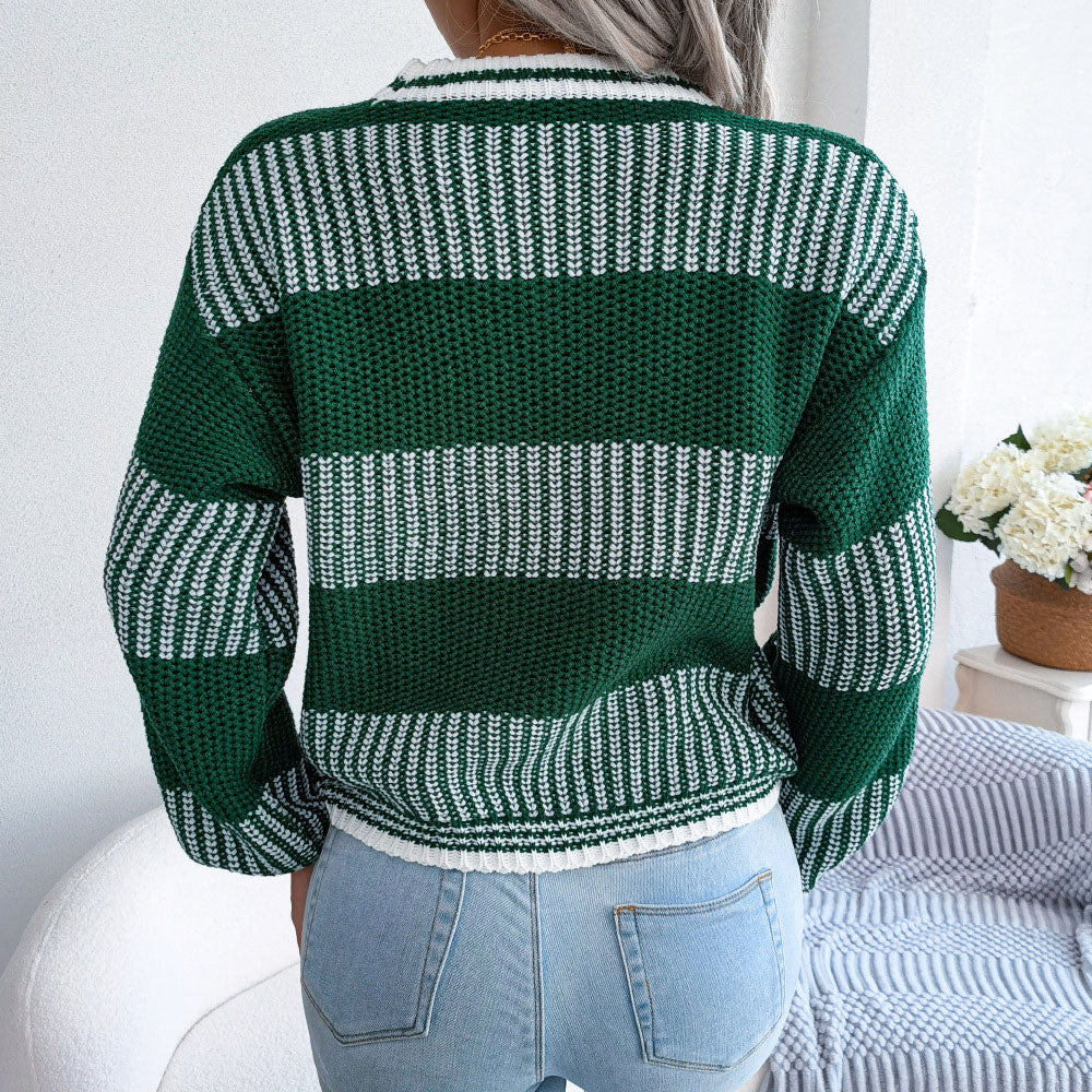 Casual Crew Neck Long Sleeve Textured Knit Striped Sweater