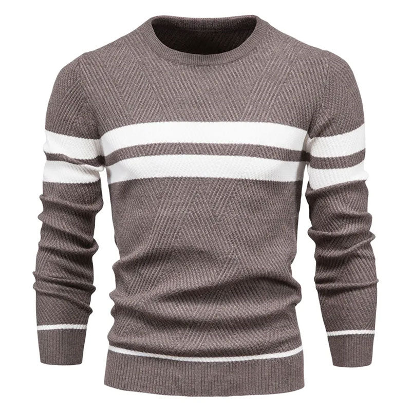 Casual Crew Neck Long Sleeve Winter Rib Knit Contrast Striped Men Pullover Sweater