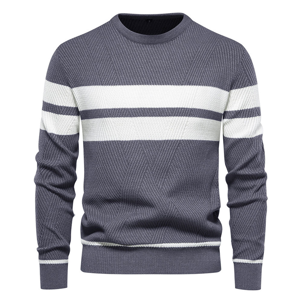 Casual Crew Neck Long Sleeve Winter Rib Knit Contrast Striped Men Pullover Sweater