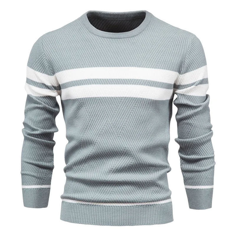 Casual Crew Neck Long Sleeve Winter Rib Knit Contrast Striped Men Pullover Sweater