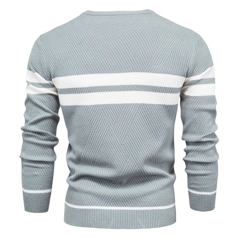 Casual Crew Neck Long Sleeve Winter Rib Knit Contrast Striped Men Pullover Sweater