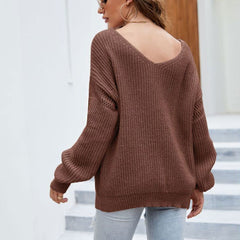 Casual Deep V Patch Pocket Rib Knit Oversized Pullover Sweater