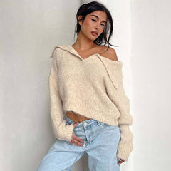 Casual Foldover Collar V Neck Drop Shoulder Apricot Pullover Cropped Sweater