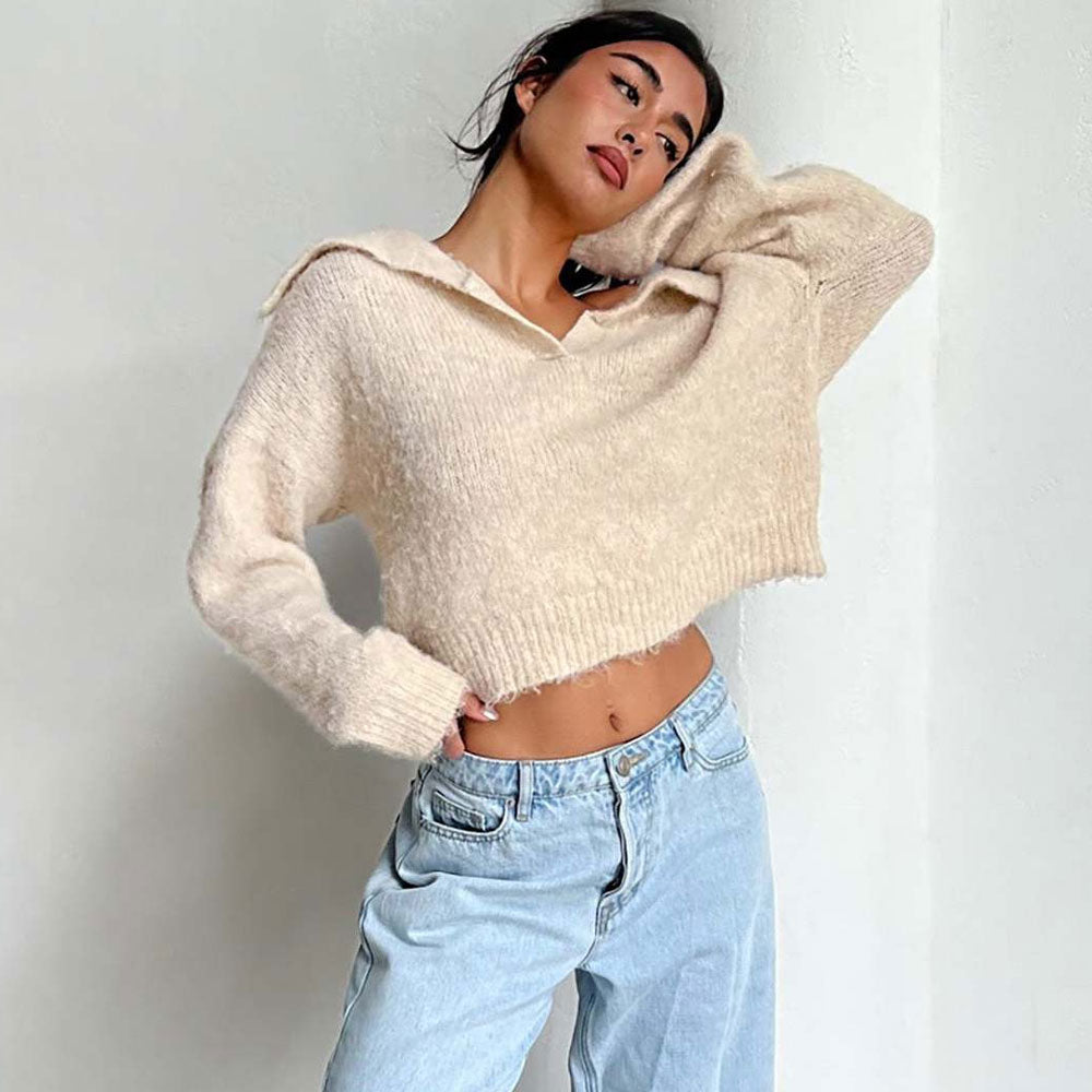 Casual Foldover Collar V Neck Drop Shoulder Apricot Pullover Cropped Sweater