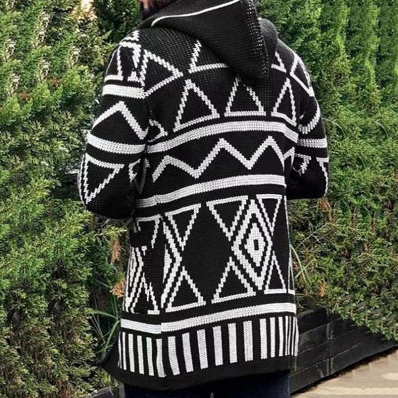 Casual Open Front Men Winter Black and White Geometric Knit Hooded Cardigan