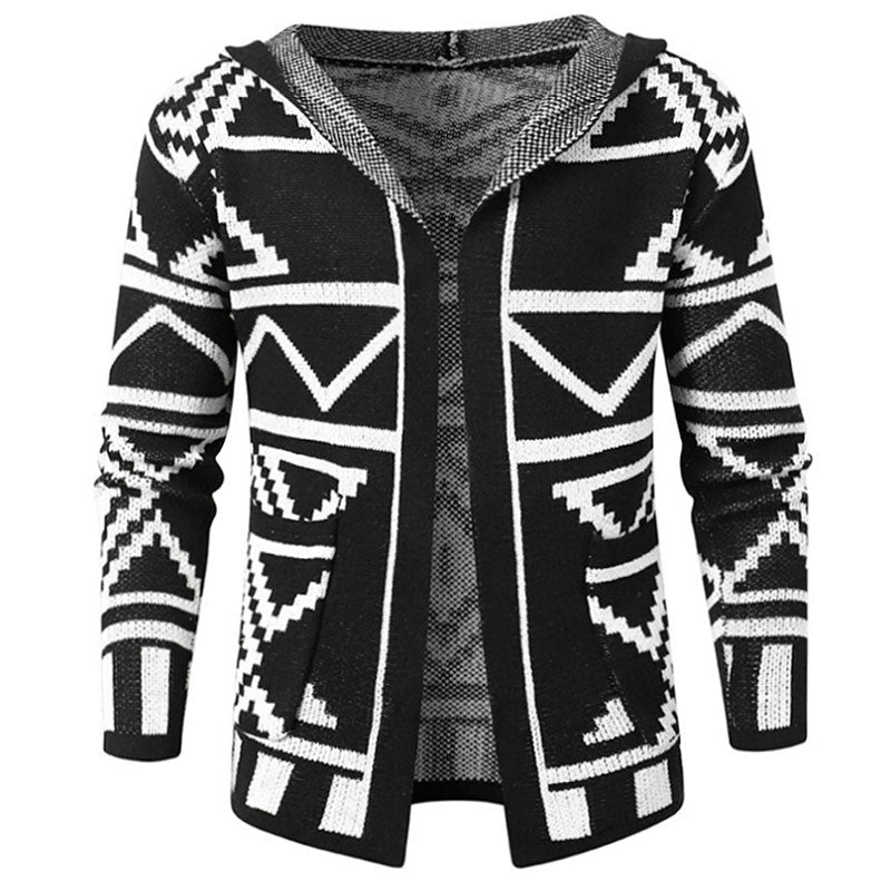 Casual Open Front Men Winter Black and White Geometric Knit Hooded Cardigan