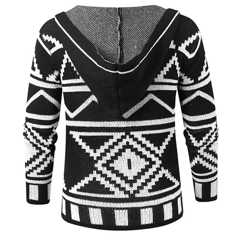 Casual Open Front Men Winter Black and White Geometric Knit Hooded Cardigan