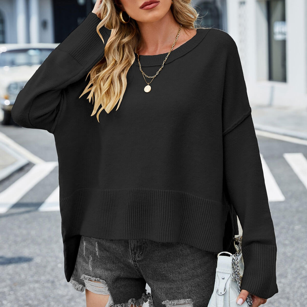 Casual Ribbed Knit Round Neck Bell Sleeve High Low Inside Out Pullover Sweater