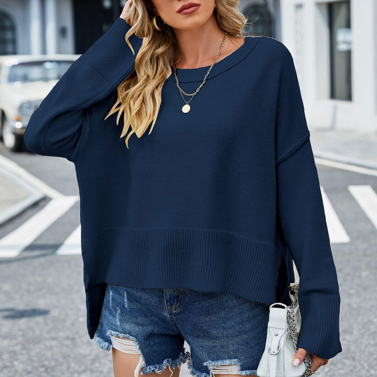 Casual Ribbed Knit Round Neck Bell Sleeve High Low Inside Out Pullover Sweater