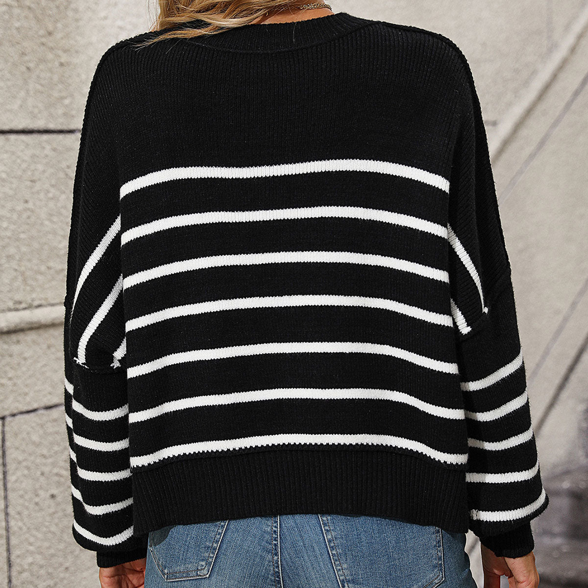 Casual Round Neck Bishop Sleeve Striped Knit High Low Oversized Sweater