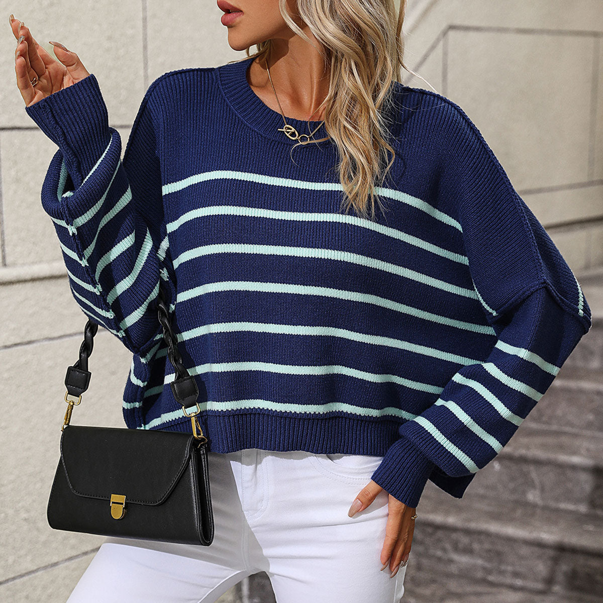 Casual Round Neck Bishop Sleeve Striped Knit High Low Oversized Sweater