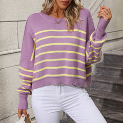 Casual Round Neck Bishop Sleeve Striped Knit High Low Oversized Sweater