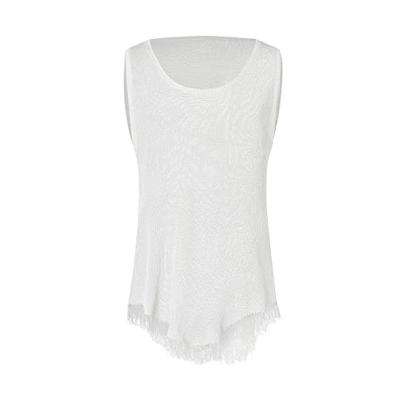 Casual Sheer Knit Round Neck Split Frayed Hem Men Sweater Vest