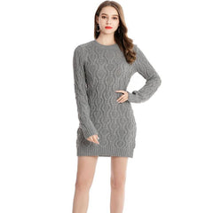 Casual Solid Grey Crew Neck Chunky Cable Knit Long Sweater