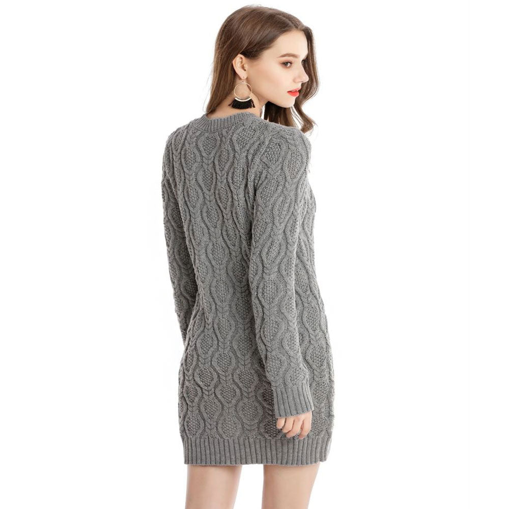 Casual Solid Grey Crew Neck Chunky Cable Knit Long Sweater