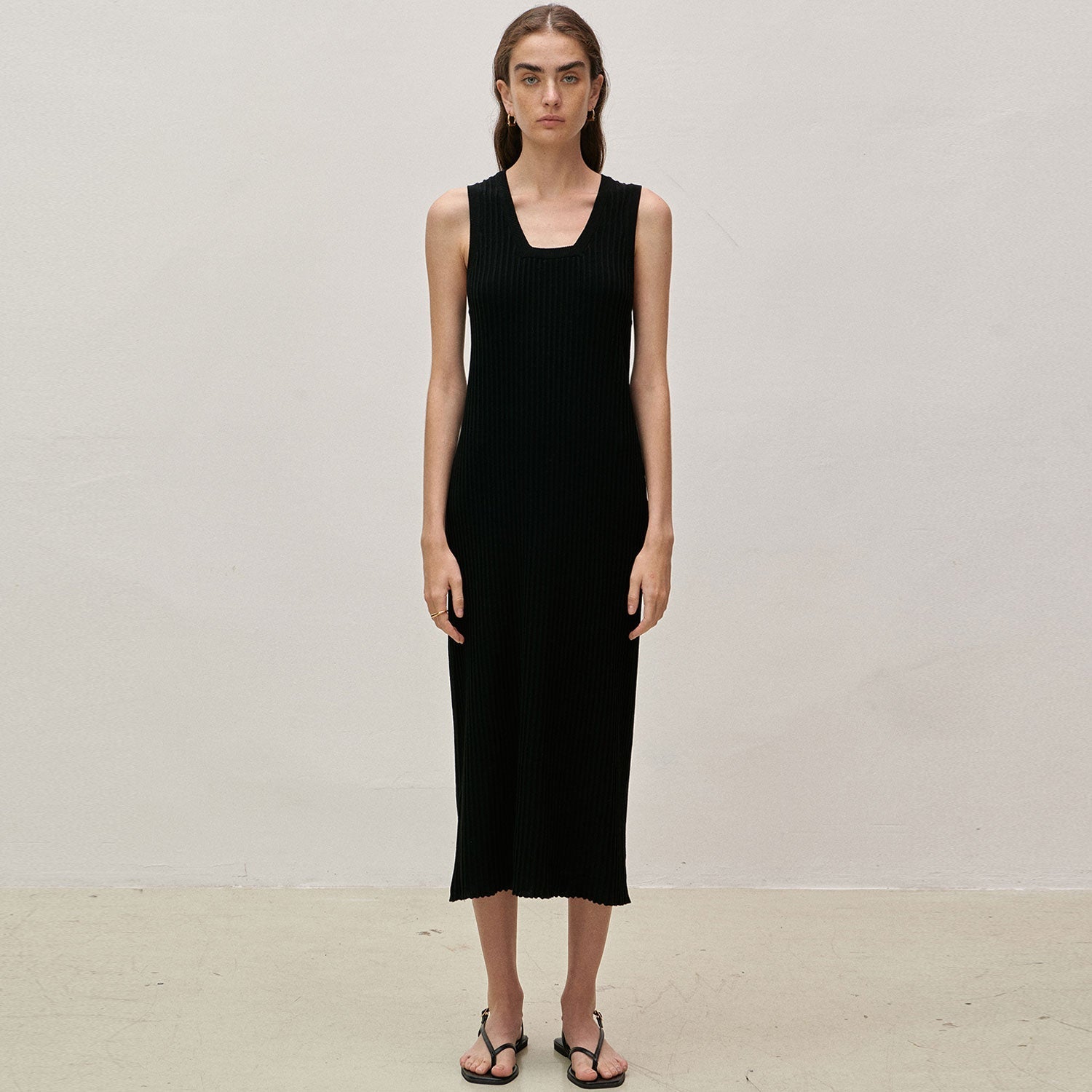 Casual Square Neck Ribbed Knit A Line Summer Midi Knit Tank Dress