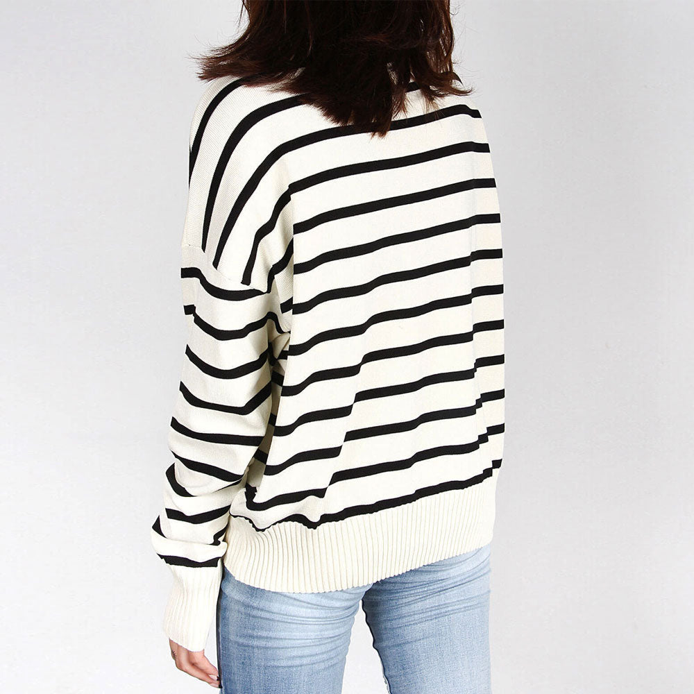 Casual White Striped V Neck Long Sleeve Fold Over Collared Knit Sweater