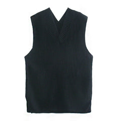 Casual Style Rib Knit V Neck Side Split Long Sweater Vest