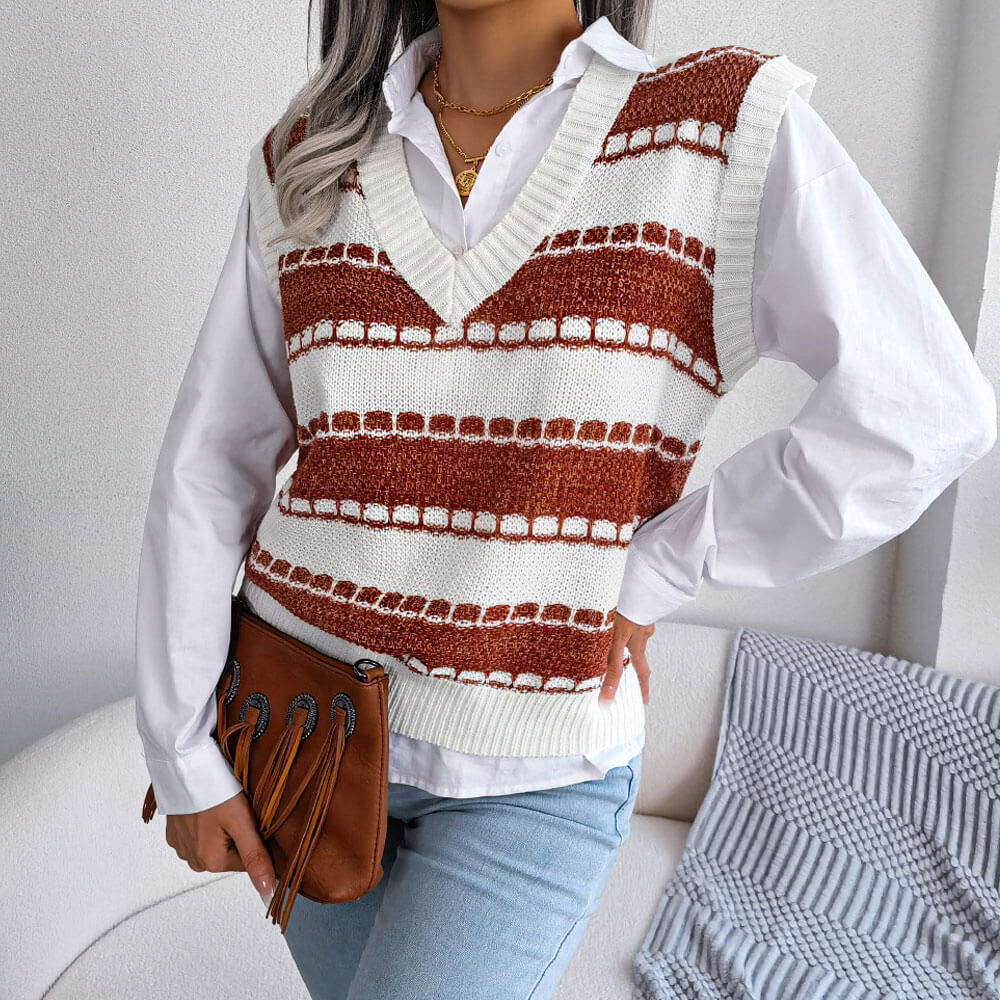 Chic Contrast Striped Pattern V Neck Marled Knit Sweater Vest