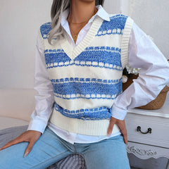 Chic Contrast Striped Pattern V Neck Marled Knit Sweater Vest