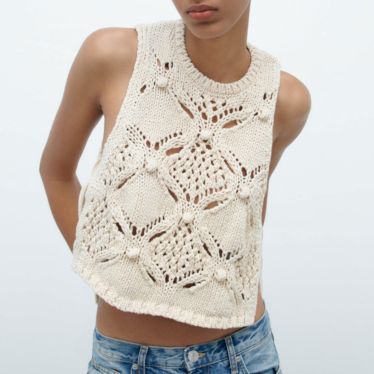 Chic Crew Neck Tie Side Crochet Pom Pom Trim Cable Knit Crop Tank Top