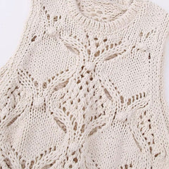 Chic Crew Neck Tie Side Crochet Pom Pom Trim Cable Knit Crop Tank Top